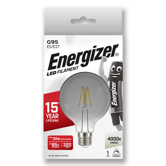Energizer S8121 LED GLS 9W BC Warm White 727 Products G95 ES/E27 LED Filament Light Bulb, 15 year lifespan, 4000K Smokey, 30W, 85% Energy Efficient, 320 Lumens