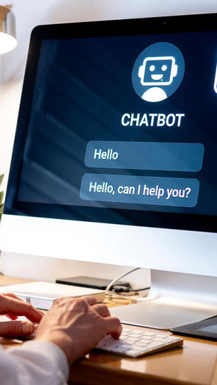 Person typing at a desk with a computer showing a chatbot conversation: "Hello, can I help you?" Lamp and plant visible nearby.