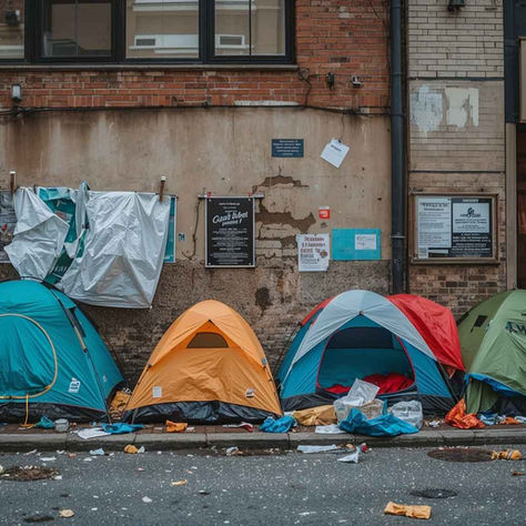 Colorful tents line a littered street against a brick wall with posters. A sense of neglect pervades the scene.