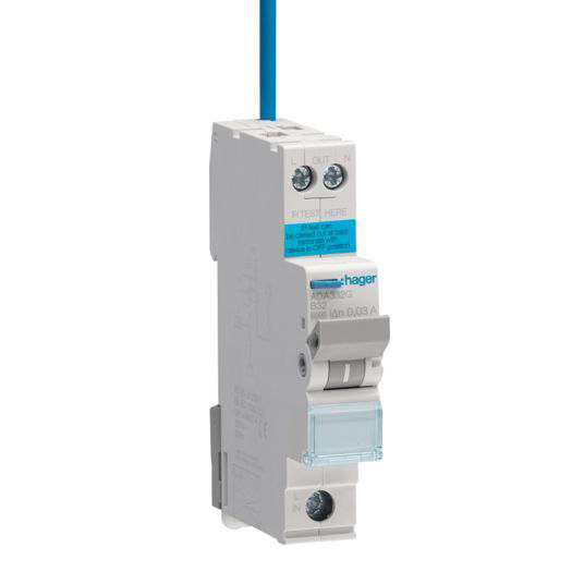 Hager circuit breaker with a blue wire attached.