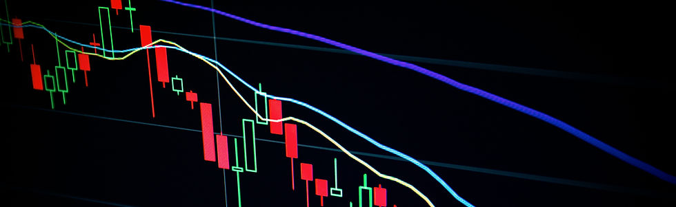 Downward-trending stock candlestick chart on a black screen, with red and green bars and glowing blue, purple, and yellow lines.