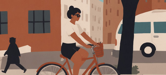 Woman in white shirt and sunglasses rides a bike on a city street. Background shows buildings, a tree, and a van. Warm colors.