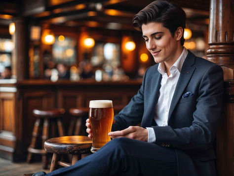 a man in a suit with a pint of beer