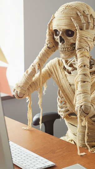 A mummy-skeleton hybrid sits at a desk holding its head in frustration, looking at a computer, in a bright office.