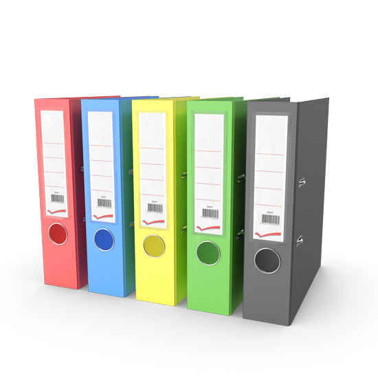 Multicoloured folders, 5 in total, left to right,.