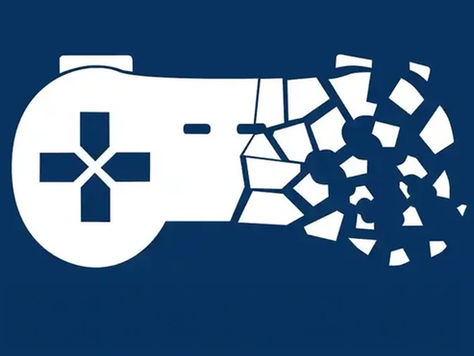 White game controller on blue background, right side shattering into pieces. Symbolizes breaking or transformation.