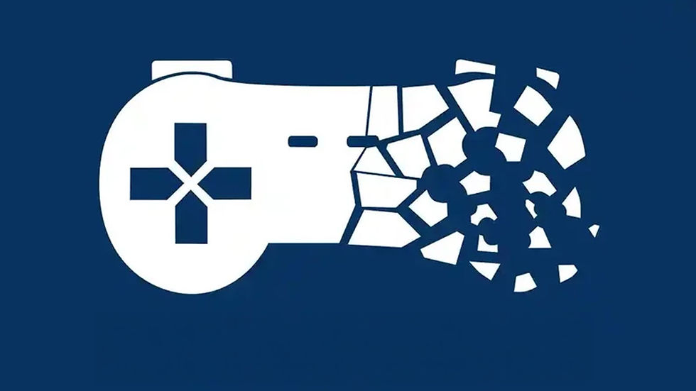 White game controller on blue background, right side shattering into pieces. Symbolizes breaking or transformation.