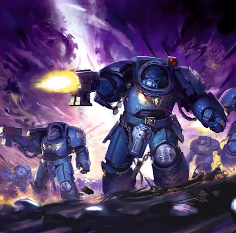 Warhammer 40,000 Armageddon game box art showing red armored soldiers in a chaotic sci-fi battle with explosions and aircraft.