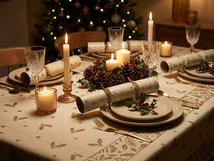 Festive holiday dining table with lit candles, pinecones, gold plates, crackers, and a blurred Christmas tree in the background.