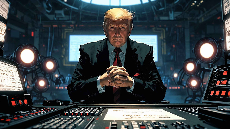 Man in suit sits at a control desk in a futuristic room. Screens and glowing lights surround him, creating a focused, intense atmosphere.