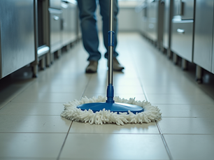 A person mops a clean, tiled floor in a kitchen with shiny appliances. The mop head is blue and white, and the mood is calm and orderly.