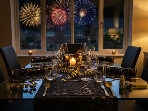 Festive dinner table set with candles, wine glasses and confetti; fireworks light the night sky through the window.
