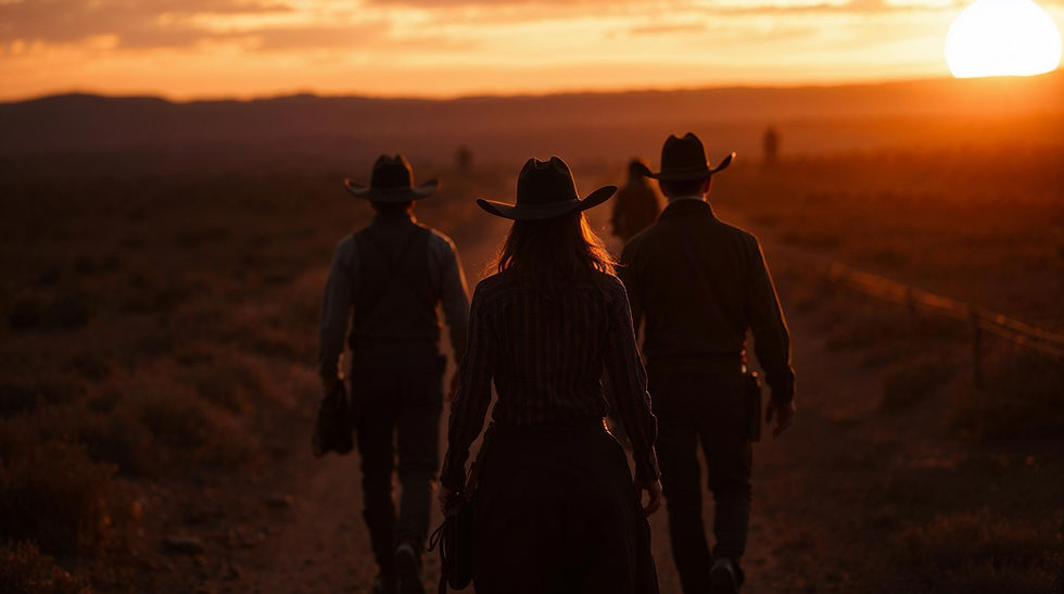 Cowboys walking off into the sunset. Image created with AI