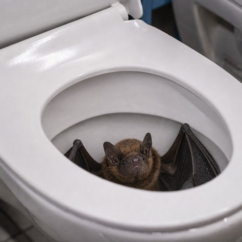 A bat sitting in a white toilet bowl, wings spread, in a bathroom