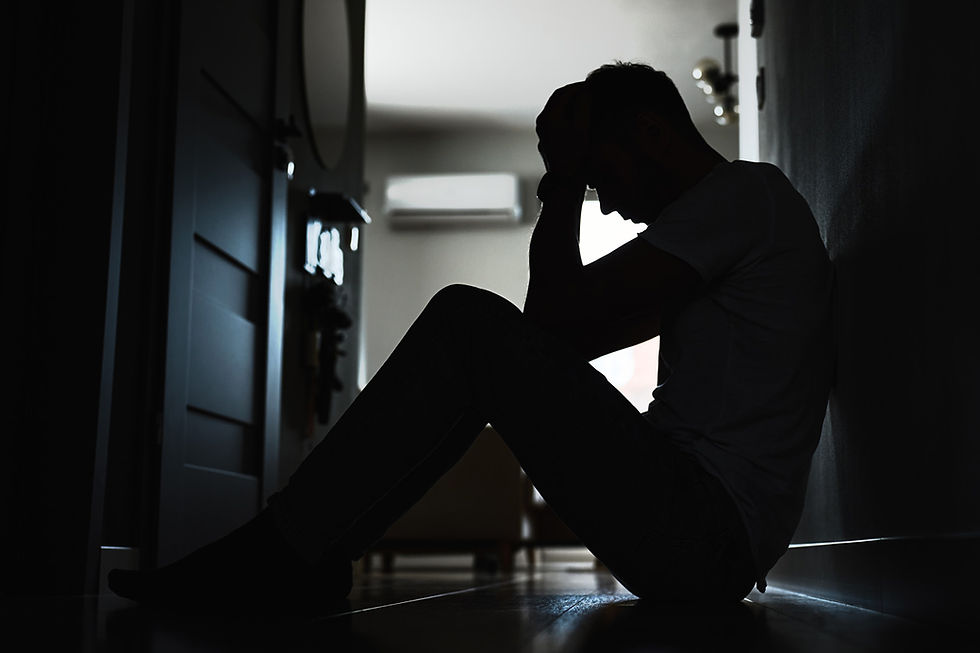 Silhouette of a person sitting on the floor in a dim hallway, head in hands, creating a somber mood. Light filters from a door in the background.