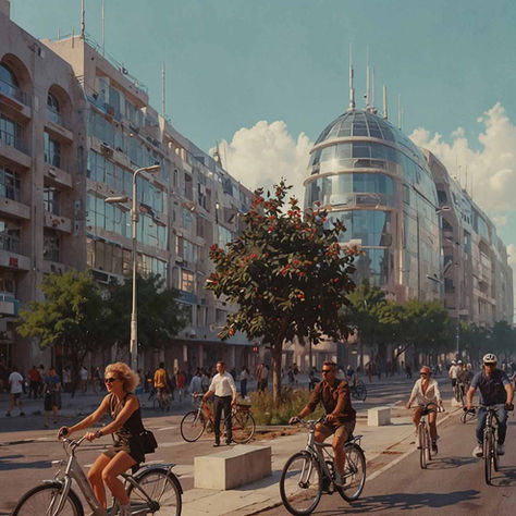 People biking on a sunny city street lined with modern buildings. A tree in bloom stands in the center, creating an active, lively scene.