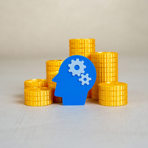 Blue head silhouette with gears in front of stacked gold coins on a light background, suggesting financial thinking