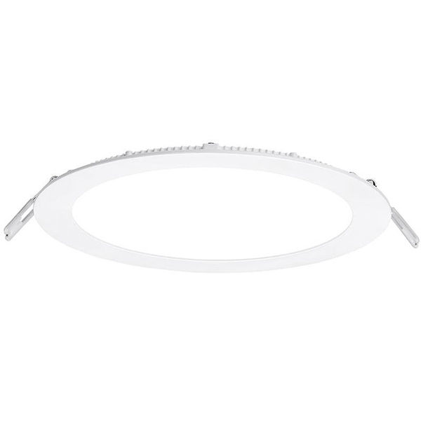 Round LED ceiling light fixture with white trim.