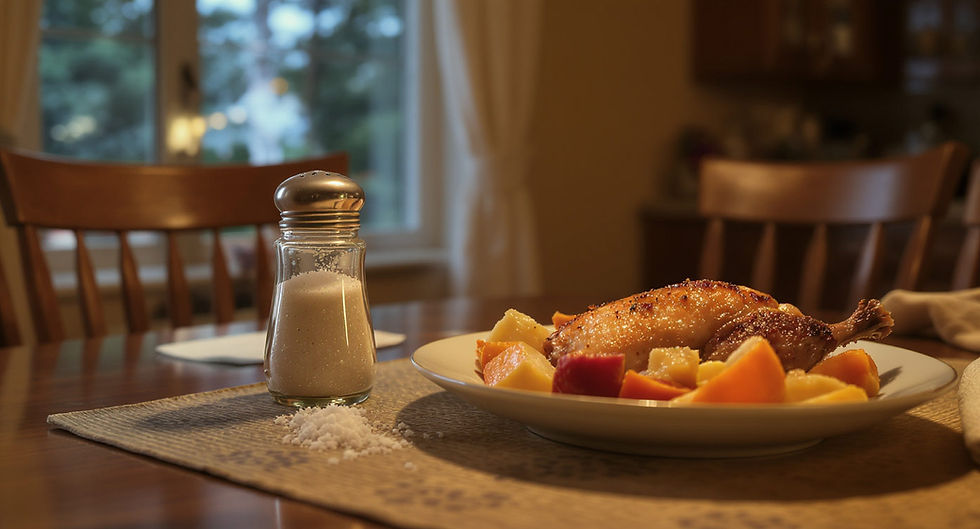 Roast chicken with vegetables on a plate beside a salt shaker on a wooden table. Warm, cozy dining room setting with soft lighting.