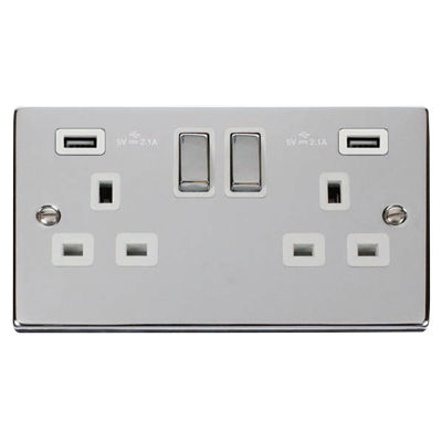 Click Deco Chrome White Insert 2 Gang 13A Switched Socket - 2x USB 4.2A Ingot
