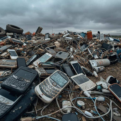 Pile of discarded cell phones and electronics in a landfill, under overcast skies. Scattered cables and tires create a sense of waste.