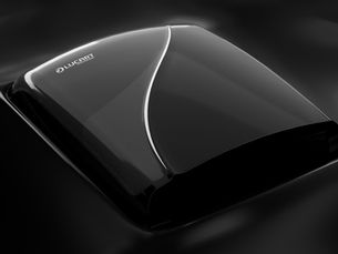 Glossy black Lucart product case with curved silver stripe on a dark studio background, sleek and minimalist.