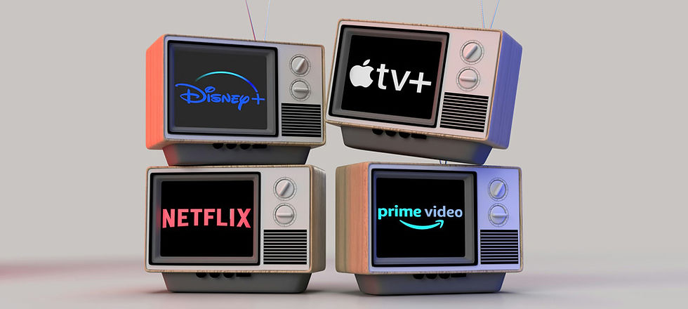 Four stacked retro TVs show Disney+, Apple TV+, Netflix, and Prime Video logos on black screens against a plain gray background.