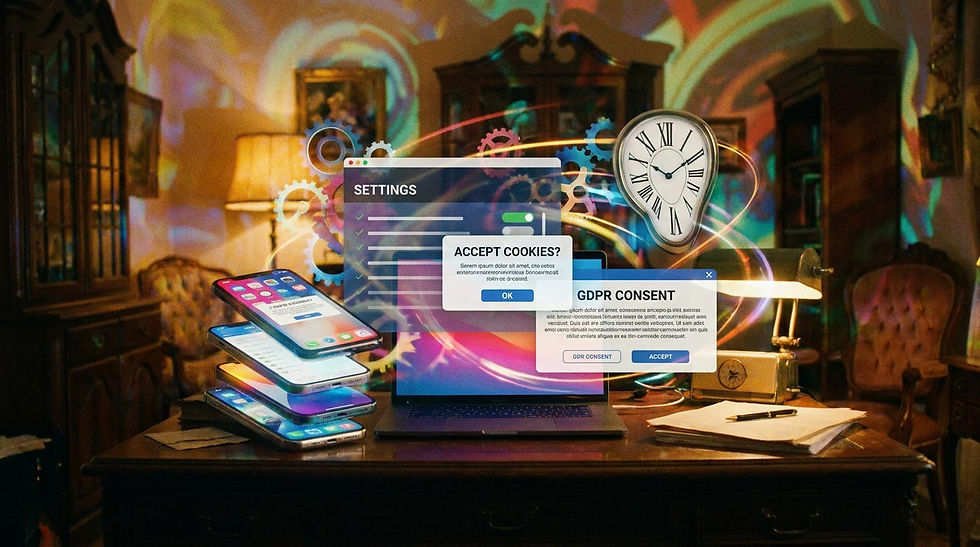 Vintage room with floating smartphones, laptop, and clock displaying vibrant overlays. Pop-ups show cookie and GDPR consent messages.