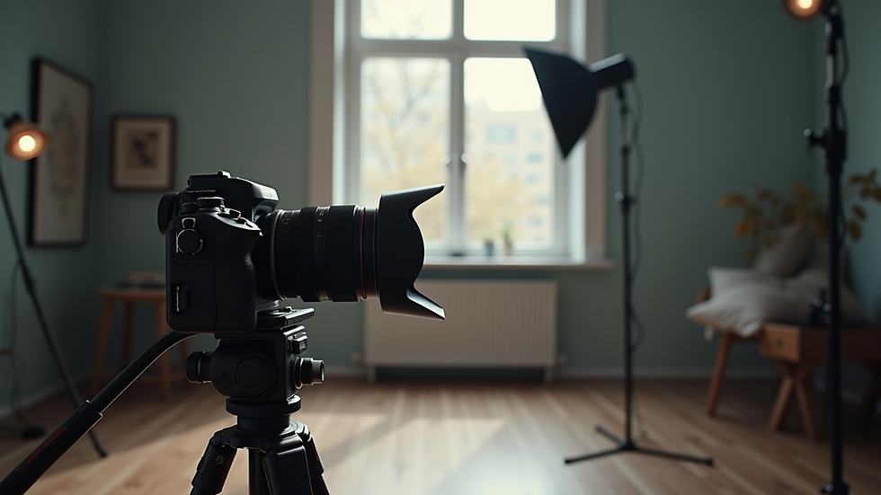 Eye-level view of a professional camera setup on a tripod in a studio