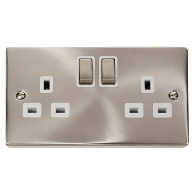 Click Deco Satin Chrome White Insert 2 Gang 13A DP Switched Socket Ingot