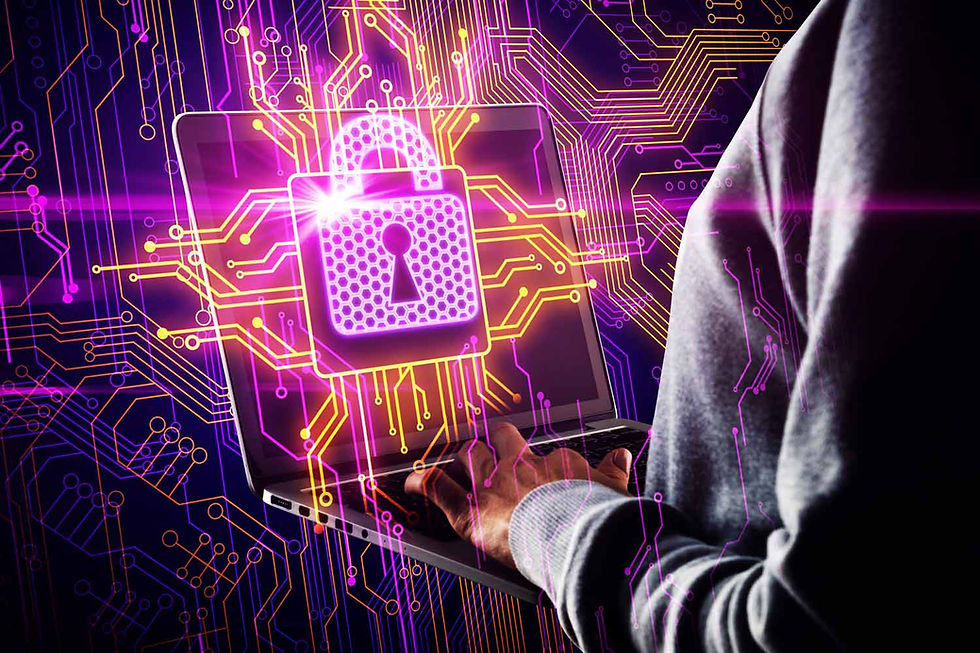 Person typing on a laptop with a glowing padlock and circuit pattern overlay. Purple and orange hues create a secure, futuristic vibe.