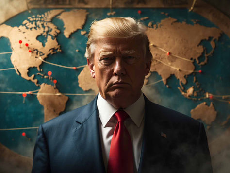 An Illustration of Donald Trump in a suit stands solemnly before a world map with red pins and strings. An American flag is partially visible on the right.