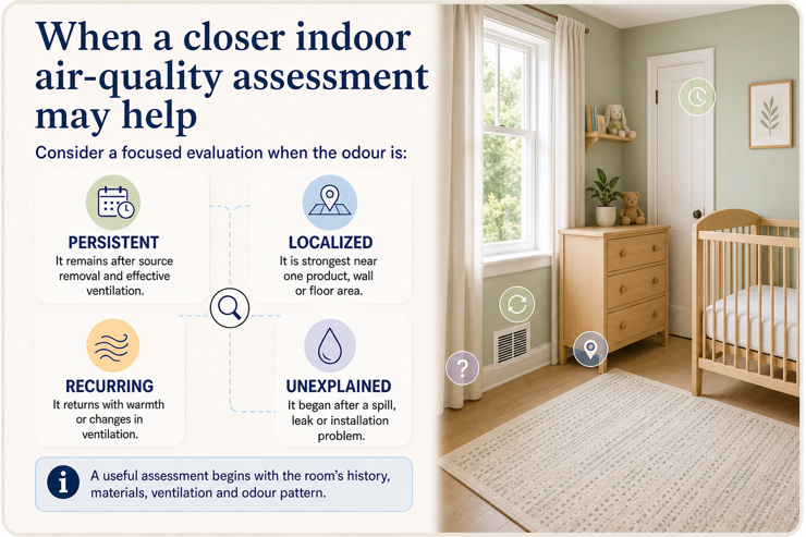 Nursery infographic showing when to consider a targeted indoor air quality assessment: when an odour is persistent, localized, recurring or unexplained.