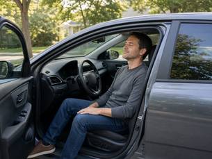 Homme assis dans une voiture neuve, les yeux fermés, appréciant tranquillement l’odeur familière de l’intérieur neuf.