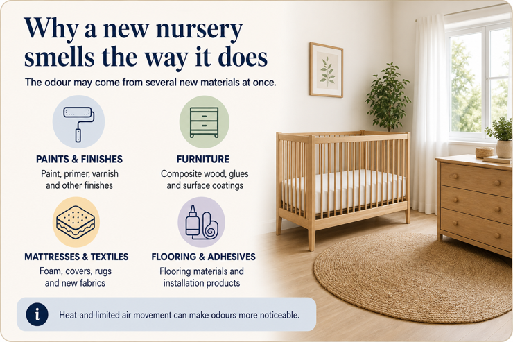 Nursery infographic showing possible sources of a new-room odour, including paints and finishes, furniture, mattresses and textiles, flooring and adhesives, with a note that heat and limited airflow can intensify odours.