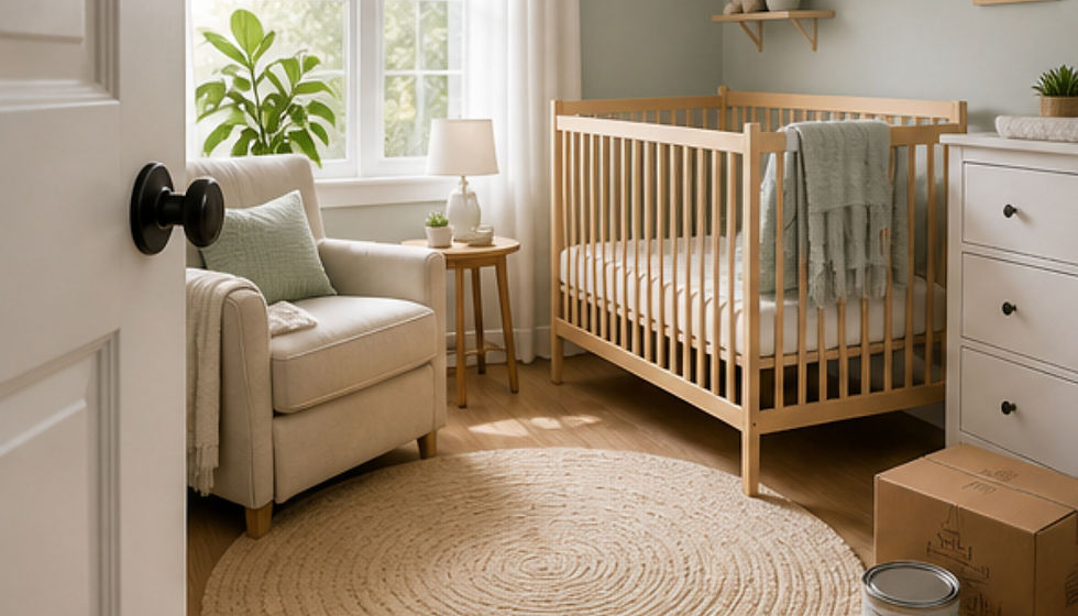 Chambre de bébé récemment meublée et baignée de lumière, avec lit en bois, fauteuil, commode, boîte et pot de peinture ouvert.