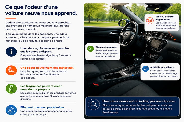 Infographie présentant les plastiques, les tissus, les mousses, les adhésifs et les scellants comme sources possibles de l’odeur de voiture neuve.