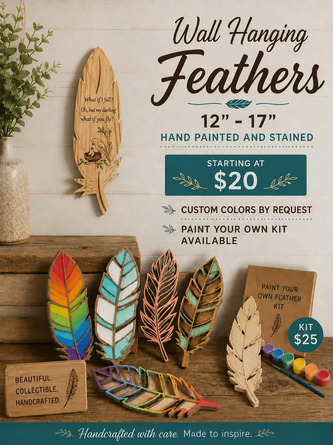 Handcrafted wooden feather wall hangings and paint-your-own feather kits.