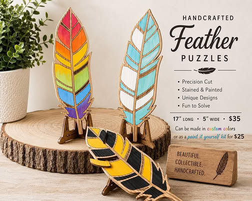 Handcrafted wooden painted feather puzzles.