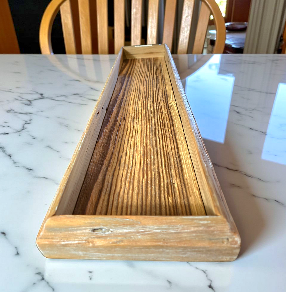 Thumbnail: Side angle of handmade rustic wood tray showing depth and beveled edges on granite counter top.