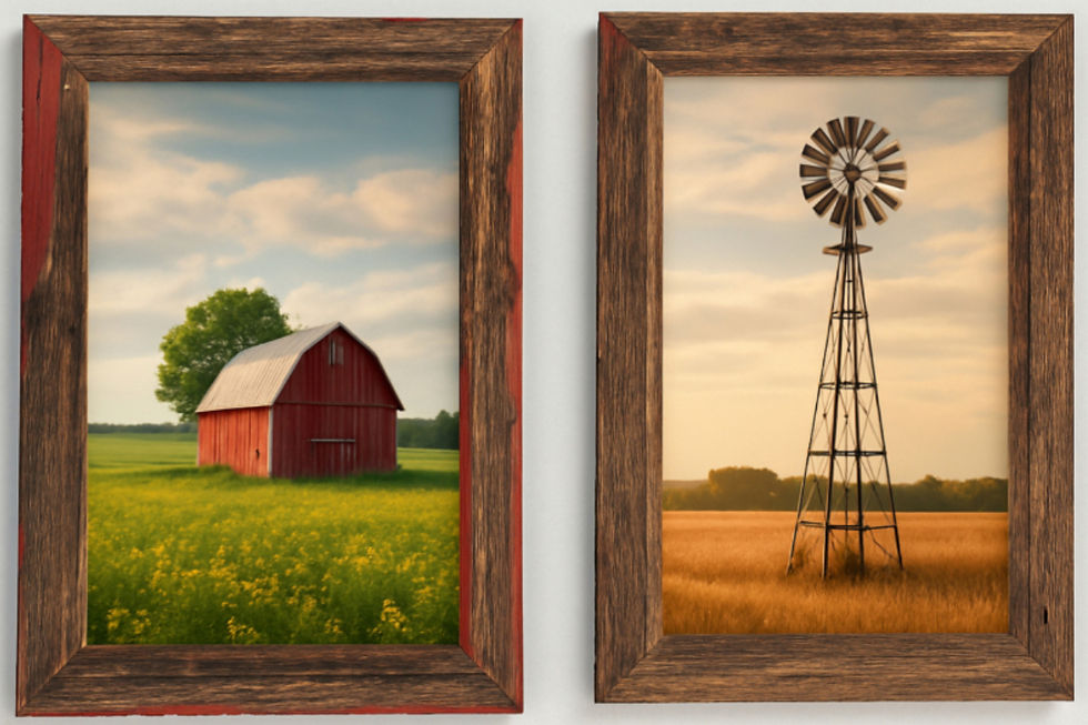 Handmade rustic barn wood picture frames with natural weathered finish, shown with sample prints for display.