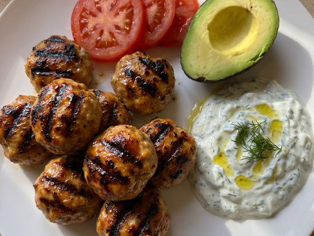 Grilled Chicken Meatballs with Tomato, Avocado, and Tzatziki