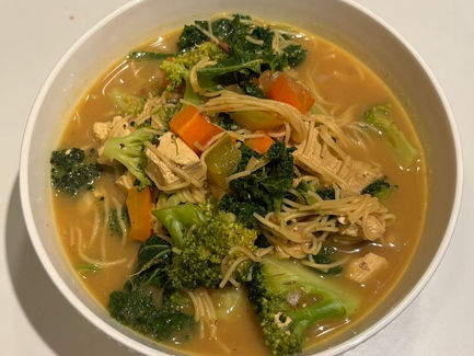Ginger-Miso Tofu Noodle Soup with Broccoli, Kale, Carrots, and Bell Pepper