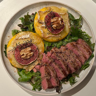 Steak + Roasted Delicata Squash Rounds with Goat Cheese, Fig, Walnuts, and Greens