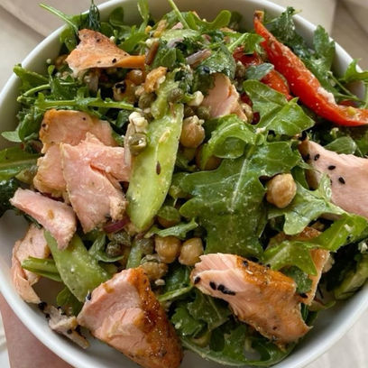 Salmon, Arugula, Chickpea, and Avocado Salad