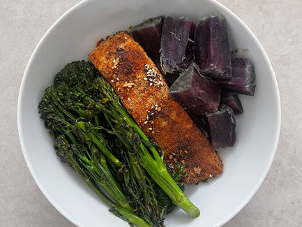 Blackened Salmon Bowl with Broccolini and Purple Sweet Potatoes