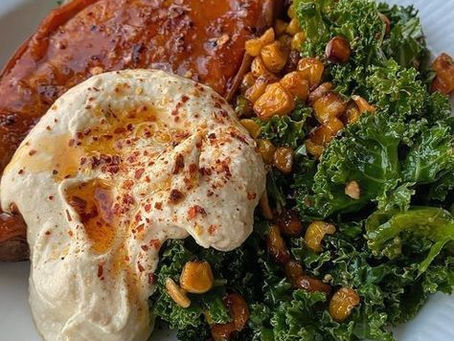 Roasted Sweet Potato with Kale, Chickpeas, and Hummus
