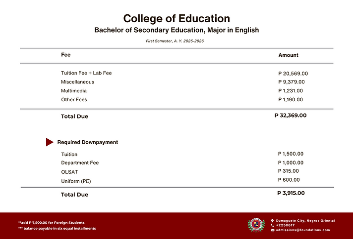 Bachelor of Secondary Education Major in English - Tuition Fee