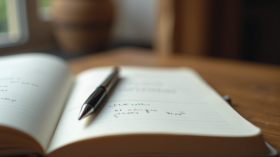 Close-up view of a journal and pen on a wooden table, symbolising self-reflection and growth