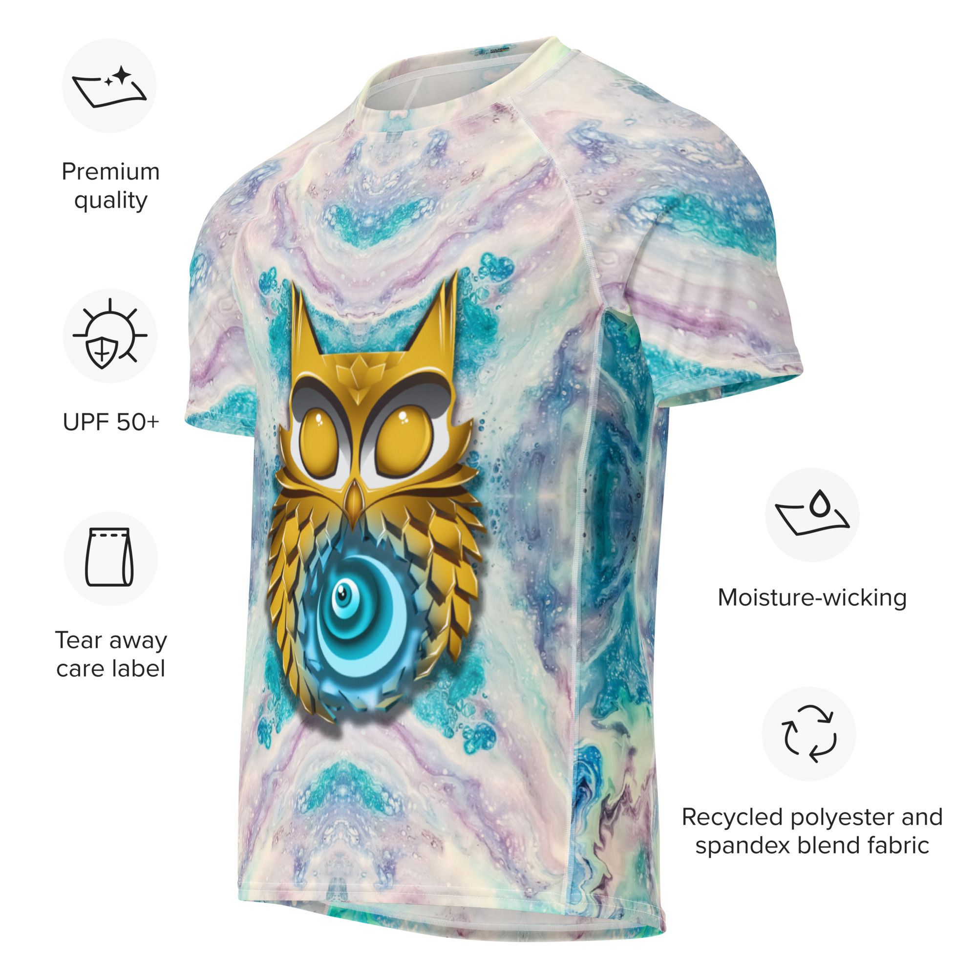 Men's Short Sleeve Rash Guard - Pastel Galaxy & Owl Vector With Kuldesac Media
